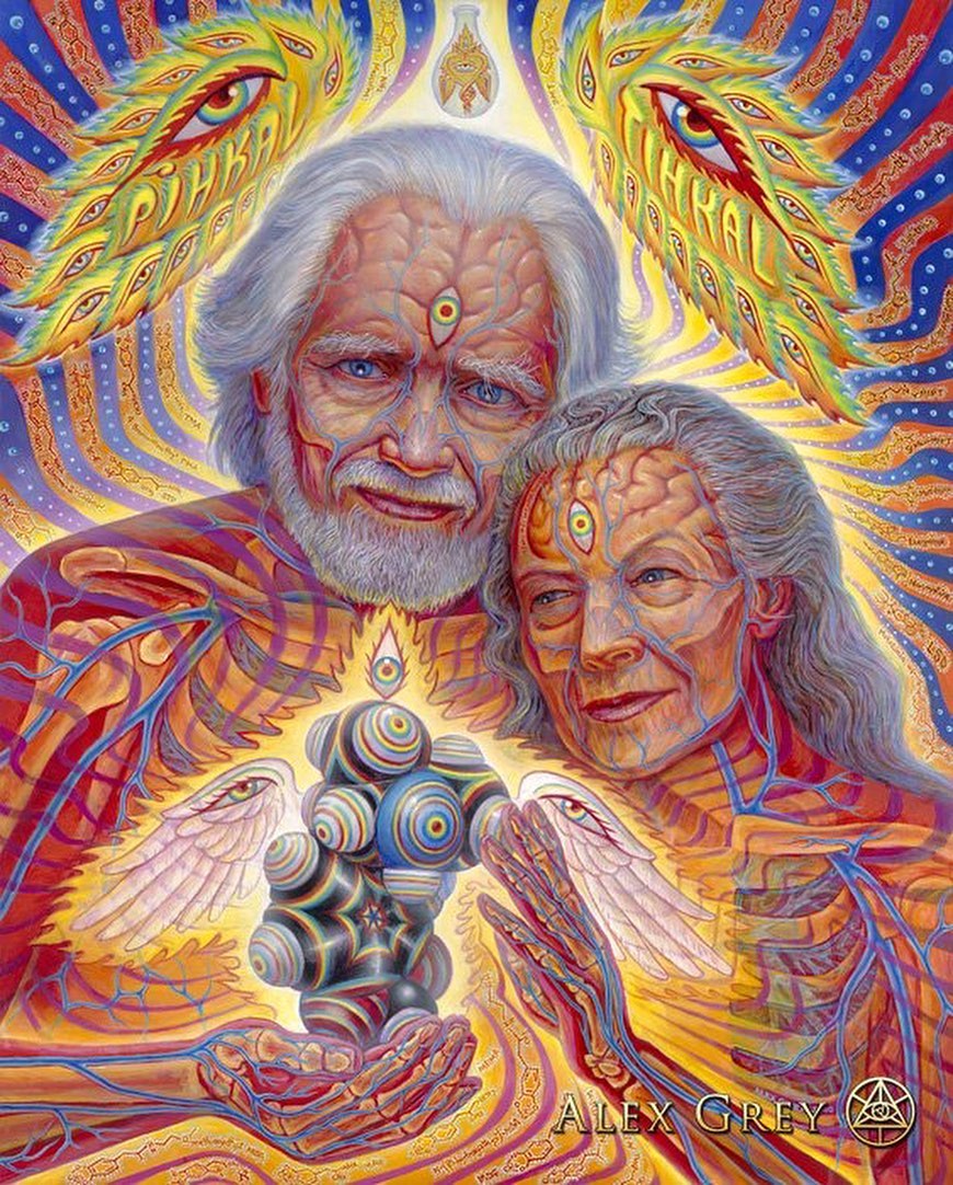 Alex Gray's painting of Alexander and Ann Shulgin holding an MDMA molecule